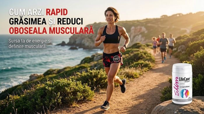 Femeie fit alergând pe coastă, lângă o sticlă de LifeCare Slim L-Carnitine, 30 capsule, pe stâncă.