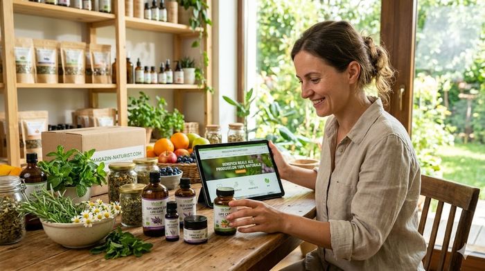 Femeie fericită alegând produse 100% naturale dintr-un magazin naturist online.