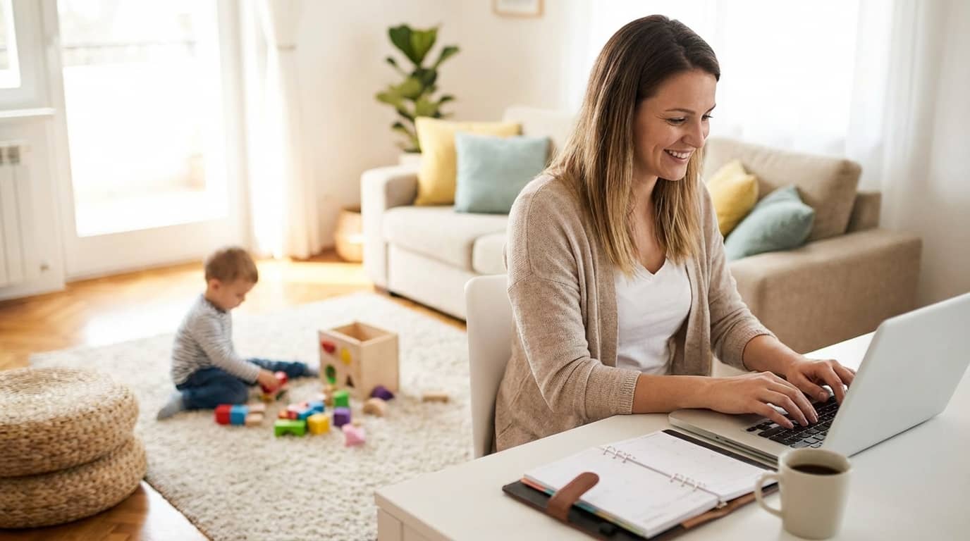 Mamă lucrând de acasă la laptop în timp ce copilul se joacă liniștit pe covor.