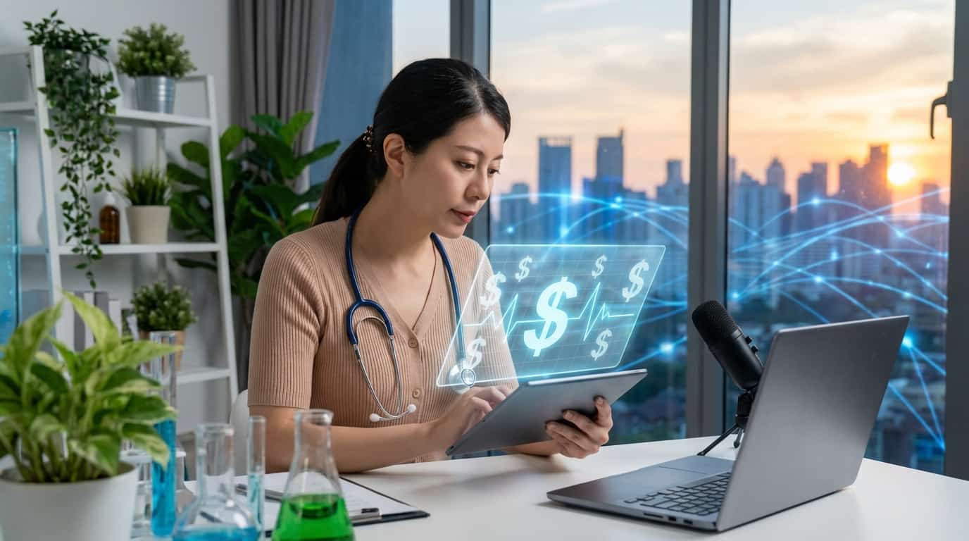 Medic la birou analizând venituri digitale și finanțe în sănătate, concept business online.