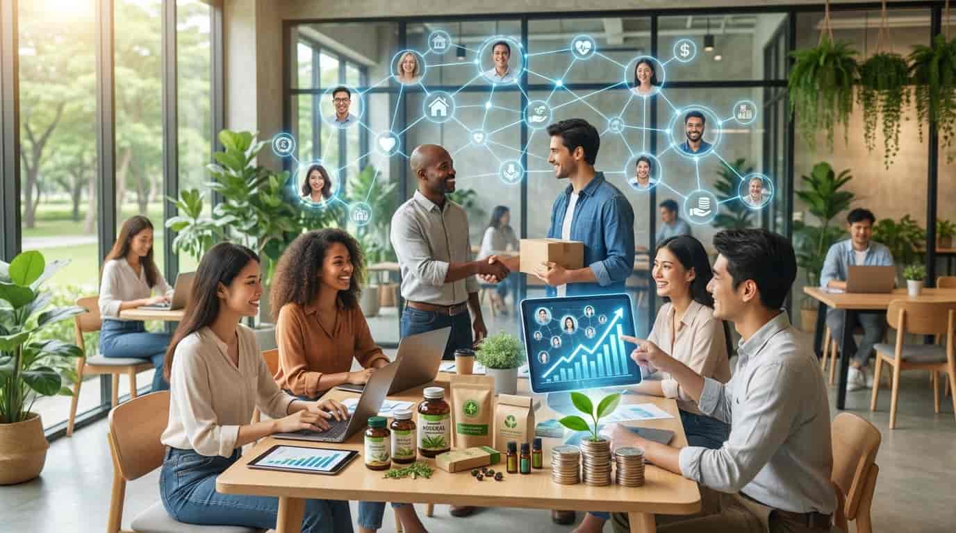 Echipă de antreprenori analizând grafice digitale și rețele de networking într-un birou modern