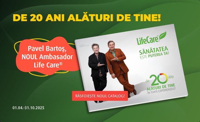 imaginea prezinta noul catalog Life Care, catalog ce il are pe Pavel Bartos pe coperta, iar pe fond rosu este scris Pavel Bartos noul ambasador Life Care.