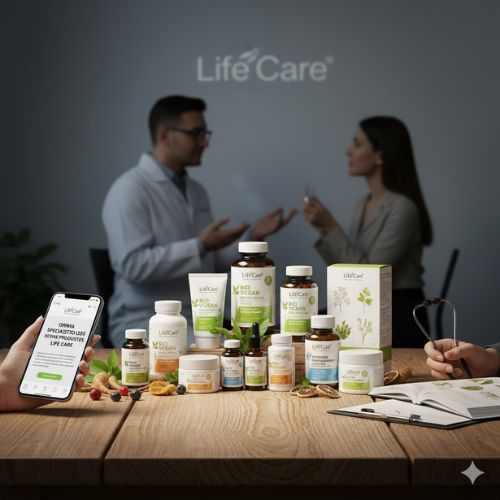 O masă din lemn, în prim-plan, este plină cu o varietate de produse Life Care (suplimente, cosmetice, creme) aranjate estetic, alături de ingrediente naturale proaspete precum fructe de pădure, caise și frunze verzi. O mână ține un smartphone care afișează titlul articolului, iar pe partea dreaptă, o altă mână ține un stetoscop deschis pe o carte de specialitate. În fundal, ușor estompați, doi specialiști (un medic și o pacientă/clientă) discută într-un birou modern cu logo-ul