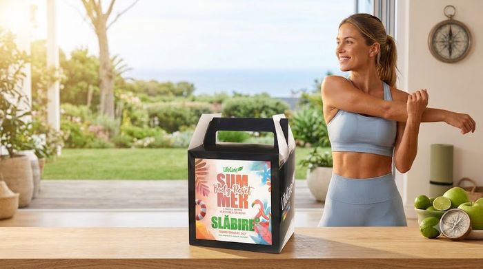 Femeie făcând stretching lângă cutia LifeCare Summer Body Reset Slăbire, pe o terasă însorită.