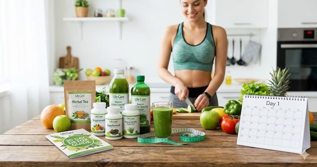 Femeie cu pachet produse Life Care pentru detox și slăbire 30 zile, ghid și calendar în bucătărie.