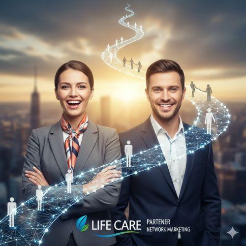 Femeie sau bărbat de succes, zâmbind, simbolizând un partener Life Care care se dezvoltă profesional și construiește o rețea Network Marketing pe o cale ascendentă.