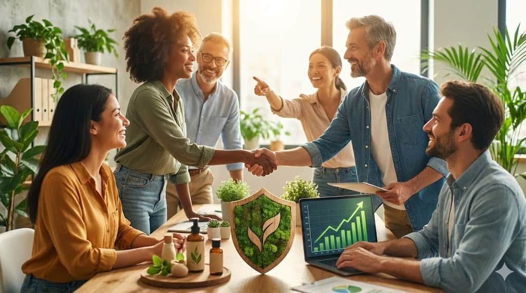 Parteneriat de succes: echipă fericită, creștere financiară și produse bio într-un birou modern.