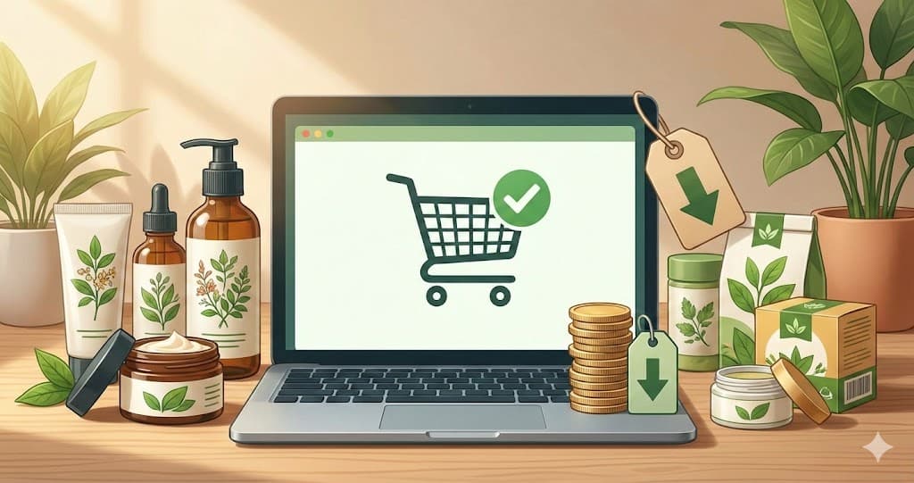 Produse Life Care lângă laptop și etichete de reducere, ilustrând cele mai bune prețuri online.