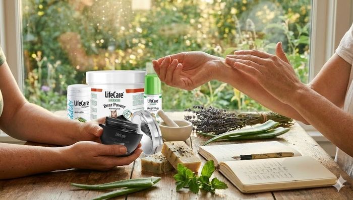 O scenă plină de naturalețe și grijă, în care două persoane explorează beneficiile produselor terapeutice Life Care. Pe o masă rustică de lemn, scăldată în lumina caldă a soarelui, sunt așezate remediile populare ale brandului: cutia mare de 'Puterea Ursului' (Bear Power), roll-on-ul 'Magic Roll', flaconul 'ArtroLife' și borcanul elegant cu masca magnetică neagră. O mână aplică delicat o cremă pe încheietura celeilalte persoane, într-un gest de testare și împărtășire. Atmosfera este completată de elemente naturale precum lavandă uscată, frunze proaspete de aloe vera și mentă, un mojar și un jurnal deschis, sugerând o reîntoarcere la rețetele tradiționale și o abordare holistică a sănătății.