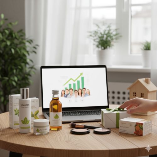 Compoziție cu produse BIO Life Care Krauter, cosmetice naturale, un laptop afișând un grafic de creștere și oameni zâmbitori, sugerând sănătate, frumusețe și oportunitate de afacere online, într-un mediu casnic luminos.