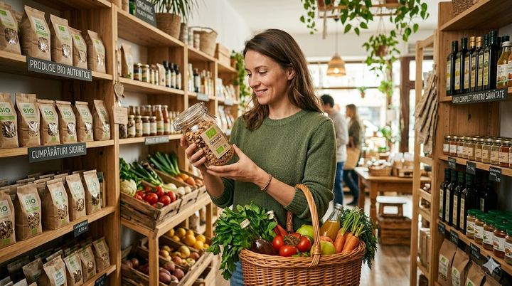 Femeie examinând produse bio autentice într-un magazin naturist