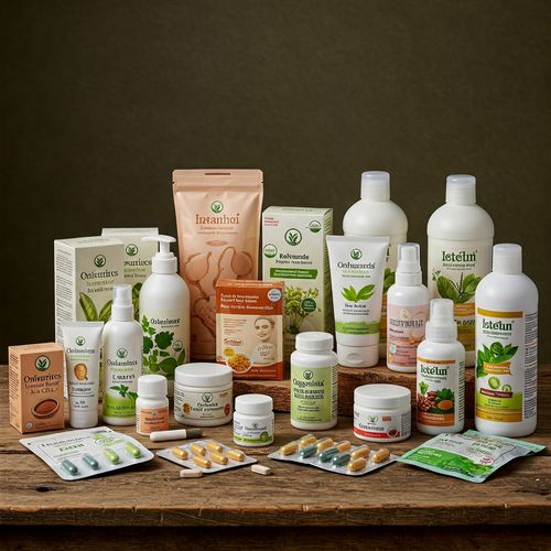 O varietate de produse bio Life Care, incluzând cosmetice naturale, suplimente pentru slăbit, geluri antireumatice și detergenți ecologici, prezentate pe o suprafață rustică de lemn.
