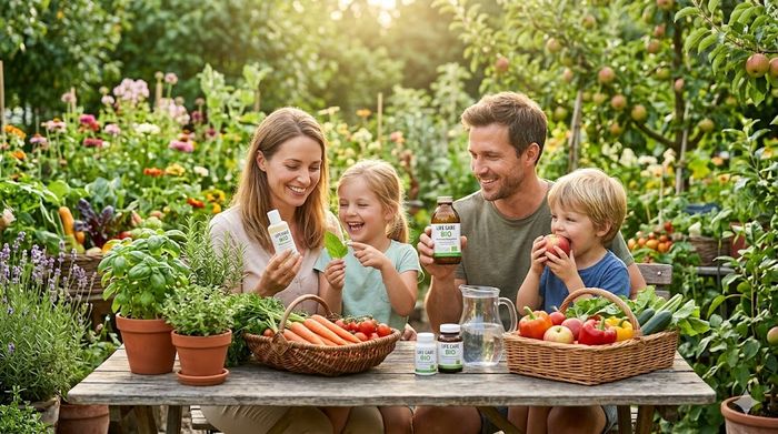 Familie fericită în natură folosind produse bio Life Care pentru sănătate.