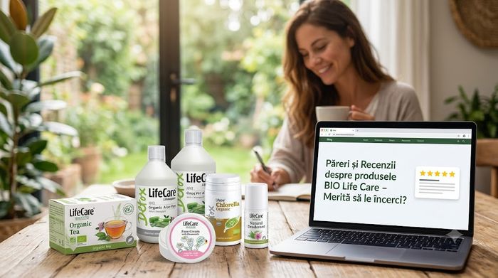 Produse bio Life Care pe o masă din lemn și o femeie care scrie recenzii pe un laptop în fundal.