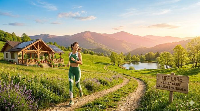 Femeie alergând în natură, simbolizând un stil de viață sănătos și beneficiile produselor Life Care.