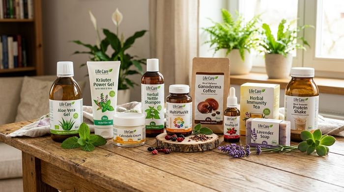 Top 10 produse bio esențiale Life Care pe o masă de lemn în interior luminos.