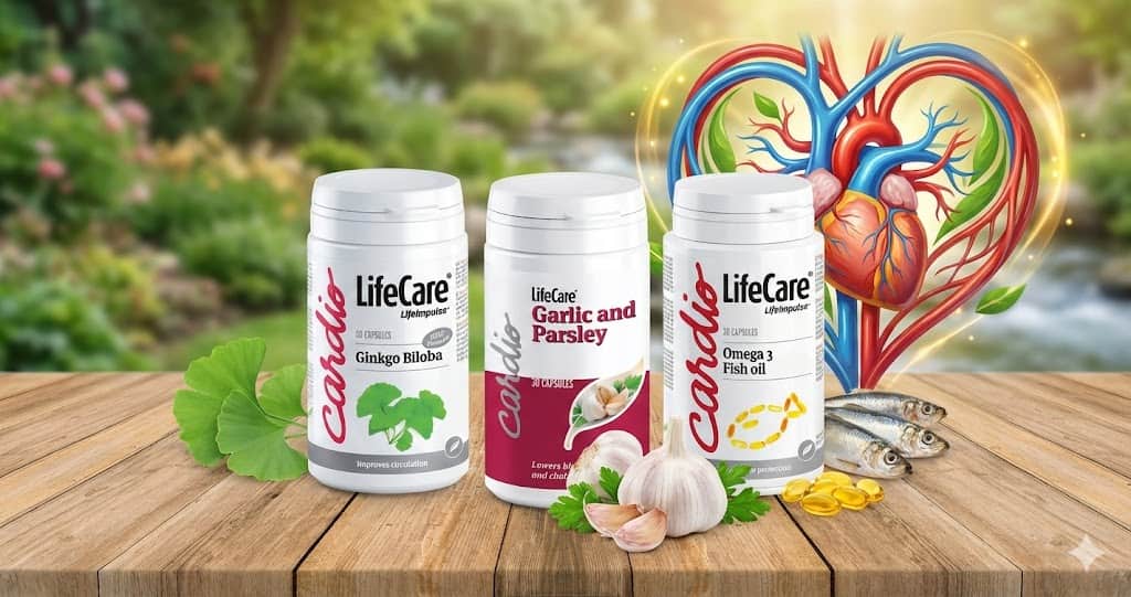 Suplimente Life Care Cardio: Ginkgo Biloba, Omega 3 și Usturoi pentru sănătatea inimii.