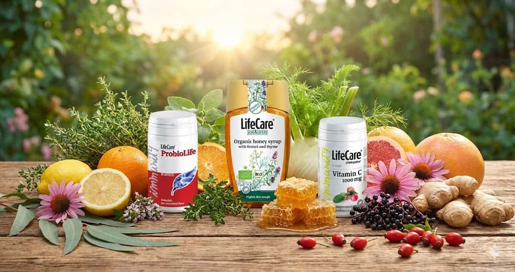 Produse naturale Life Care pentru imunitate: ProbioLife, Vitamina C și sirop BIO.