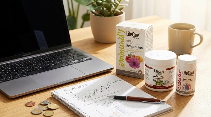 Produse Life Care, laptop și caiet cu grafice financiare pentru o afacere online profitabilă.