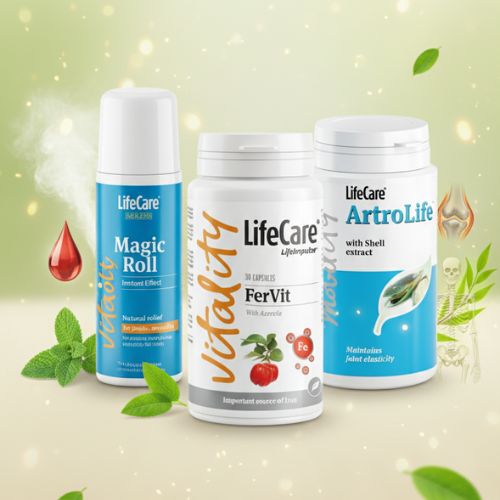 Compoziție vizuală cu produsele Life Care Magic Roll, FerVit și ArtroLife, reprezentând sănătate și vitalitate.