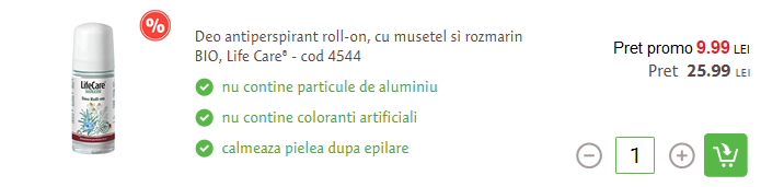 Promotie Deo antiperspirant roll-on, cu musetel si rozmarin BIO, Life Care