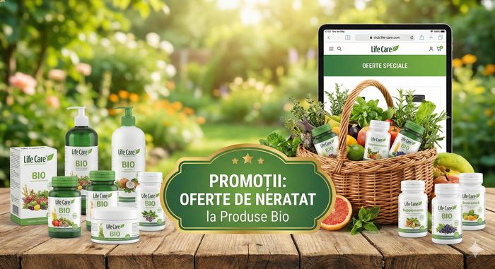 Banner promoțional Life Care cu textul central pe fundal verde 'PROMOȚII: OFERTE DE NERATAT la Produse Bio'. Imaginea prezintă o gamă variată de suplimente alimentare și produse cosmetice Life Care BIO așezate pe o masă rustică de lemn, alături de un coș împletit plin cu ierburi, fructe și alte flacoane. În fundal, pe o tabletă, este afișată pagina de 'OFERTE SPECIALE' a site-ului magazin-naturist.com, totul într-un decor luminos de grădină.