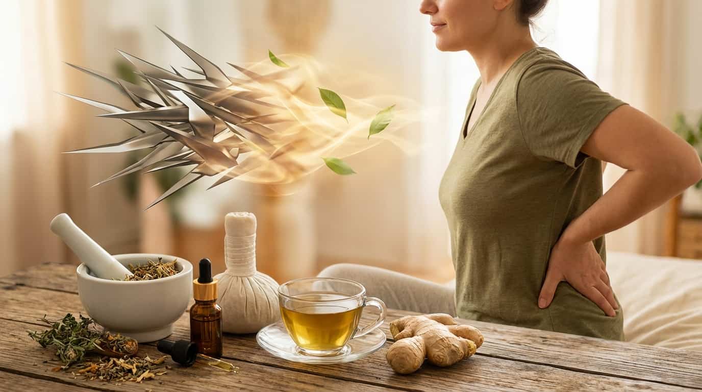 Femeie cu dureri de spate lângă ceai de plante, ghimbir și remedii naturale pentru inflamație.