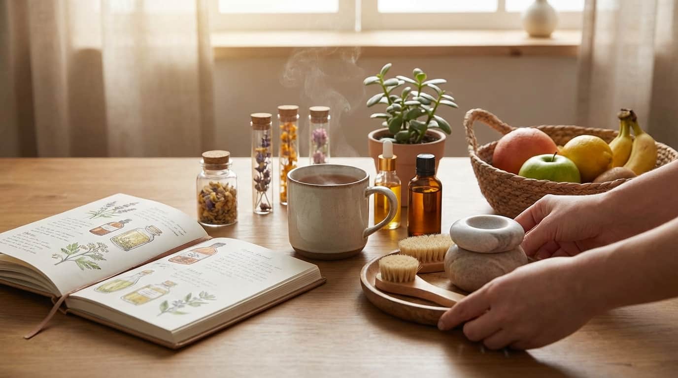 Ritual wellness acasă: carte plante medicinale, ceai, uleiuri și perii masaj uscat.