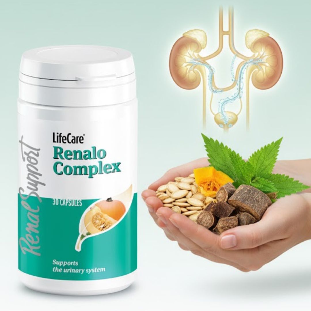 Imaginea prezintă vizual Renalo Complex de la Life Care ca o soluție holistică pentru sănătatea sistemului urinar. Produsul Renalo Complex, cu ambalajul său distinct, este plasat central în imagine. Lângă acesta, o mână oferă ingredientele naturale cheie ale complexului: semințe de dovleac, bucăți de Pygeum Africanum (Prun African) și frunze de urzică, evidențiind originea vegetală a suplimentului. În partea superioară dreapta, o ilustrație subtilă a rinichilor și a tractului urinar subliniază zona de acțiune a produsului, cu o sugestie de purificare și echilibru. Textul 