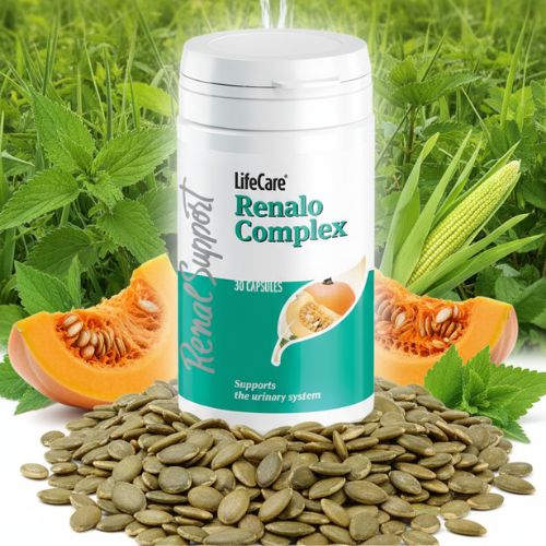 Imaginea ilustrează vizual beneficiile Renalo Complex Life Care® pentru sănătatea rinichilor și a căilor urinare. În prim plan se află ambalajul produsului, evidențiat de semințele BIO de dovleac și o felie de dovleac, ingrediente cheie ale formulei. Pe fundal, un câmp verde luxuriant simbolizează originea naturală a ingredientelor, incluzând plante precum urzica și porumbul (mătasea de porumb), cunoscute pentru proprietățile lor benefice. Deasupra produsului, o reprezentare stilizată a rinichilor, din care curge apă cristalină, sugerează procesul de purificare și detoxifiere a rinichilor susținut de supliment, alături de textul