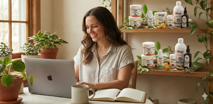 O femeie zâmbitoare lucrează la laptop de acasă, având pe un raft în fundal o colecție de produse naturale, ilustrând activitatea de reprezentant Life Care.