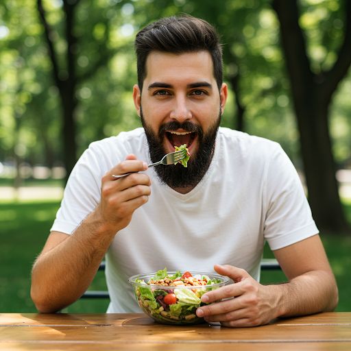 Un bărbat savurează o salată colorată, bogată în ingrediente care ajută la reducerea trigliceridelor, precum somon, avocado, nuci și legume proaspete. Imaginea transmite un sentiment de relaxare și satisfacție, sugerând că o dietă sănătoasă poate fi delicioasă și plăcută.