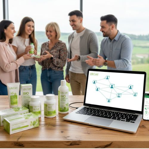 O imagine ce surprinde dinamica succesului în Life Care, unde o echipă diversă de distribuitori (tineri și cu experiență) interacționează entuziast, având în prim-plan produse Life Care BIO. Pe masă, un laptop și un smartphone afișează o schemă de rețea MLM și grafice de progres, simbolizând atât construirea echipei, cât și utilizarea inteligentă a instrumentelor digitale pentru o afacere prosperă. Pe fundal, un peisaj natural și luminos sugerează conexiunea cu produsele BIO și un stil de viață sănătos.