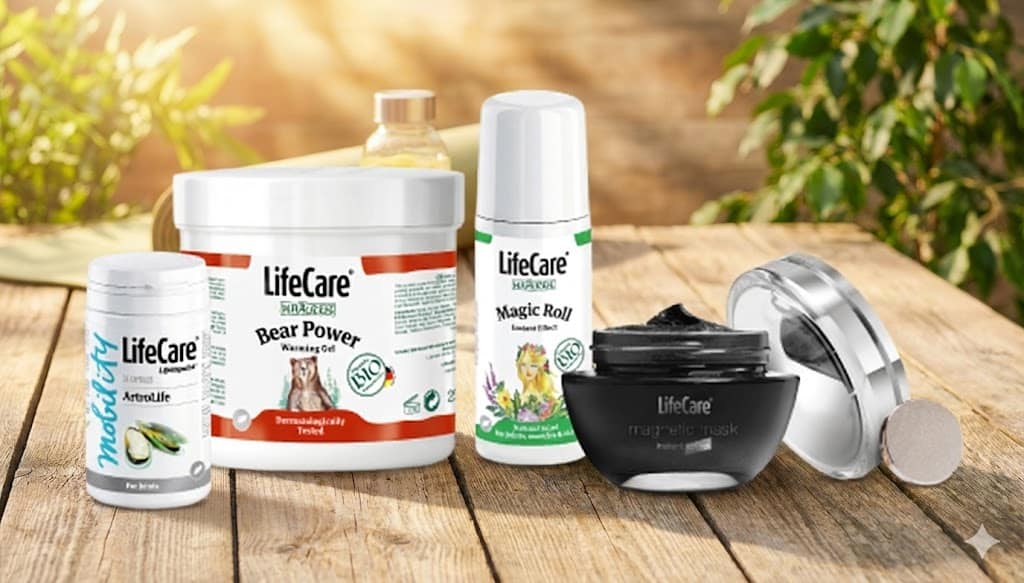 Set produse Life Care: ArthroLife, Bear Power, Magic Roll și mască magnetică în decor natural wellness.