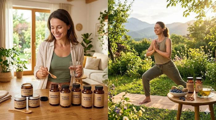 Rutină zilnică de stil de viață sănătos cu suplimente și cosmetice bio.