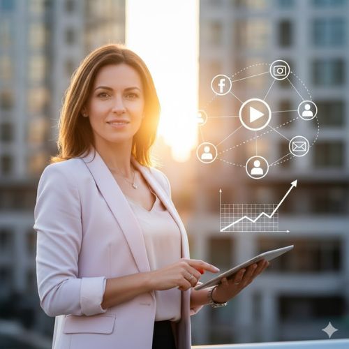 O femeie de afaceri carismatică, cu o privire încrezătoare, stă în aer liber, cu un fundal urban la apus. Ea ține o tabletă, iar în jurul ei plutesc holografic iconițe de social media și un grafic ascendent, simbolizând strategiile digitale și creșterea afacerii Life Care despre care se discută în articol. Imaginea sugerează profesionalism, conectivitate și succes în lumea modernă a antreprenoriatului.