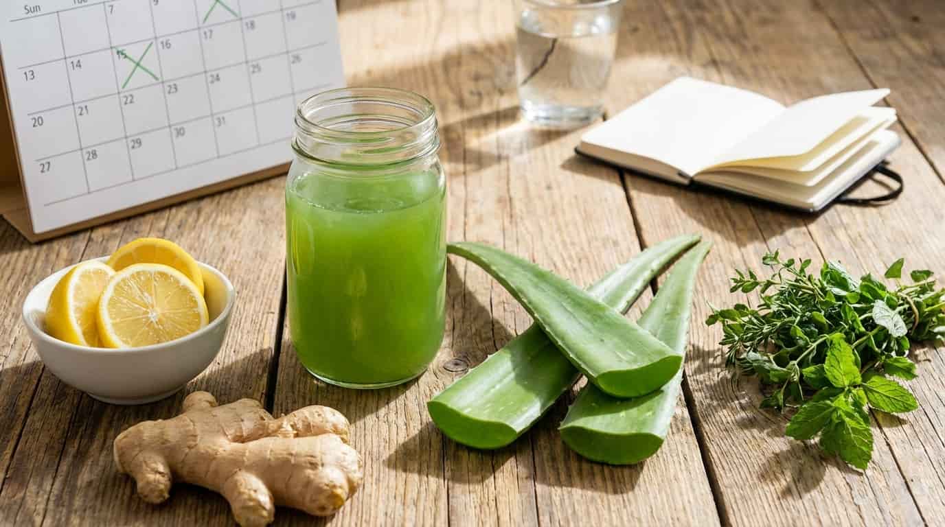 Suc verde de aloe vera cu lămâie și ghimbir pentru detoxifiere, lângă un calendar și jurnal.