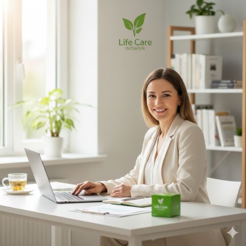 O femeie de afaceri modernă, partener Life Care, își gestionează cu relaxare și profesionalism afacerea de la biroul personal. Nu este vorba doar de un job; este vorba de controlul total asupra timpului și de pasiunea pentru produsele bio și sănătate. Cu laptopul deschis, ea menține legătura cu echipa, monitorizează rețeaua de parteneri și urmărește evoluția veniturilor pasive – rodul efortului de a construi o rețea solidă.  Atitudinea ei calmă, dar concentrată, reflectă echilibrul pe care îl oferă acest model de afaceri: dezvoltare profesională, flexibilitate și un viitor financiar sigur. Așa arată succesul construit pe valori reale.