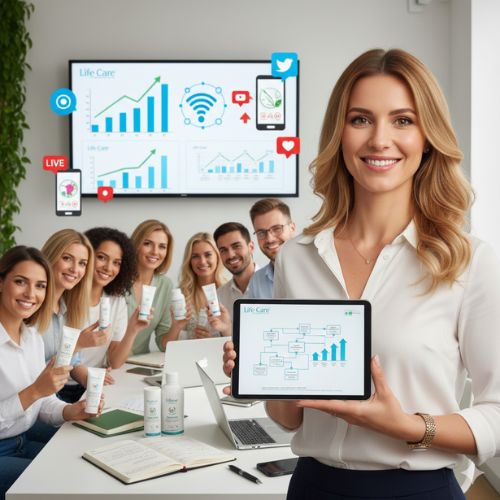 O echipă diversă de parteneri Life Care, zâmbind și ținând în mână produse cosmetice și suplimente, ilustrează succesul și colaborarea. În prim-plan, o lideră prezintă pe o tabletă o schemă strategică de vânzări și dezvoltare, iar în fundal, un ecran mare afișează grafice de creștere a vânzărilor și indicatori de prezență online (social media, live streaming), simbolizând optimizarea SEO și marketingul digital.