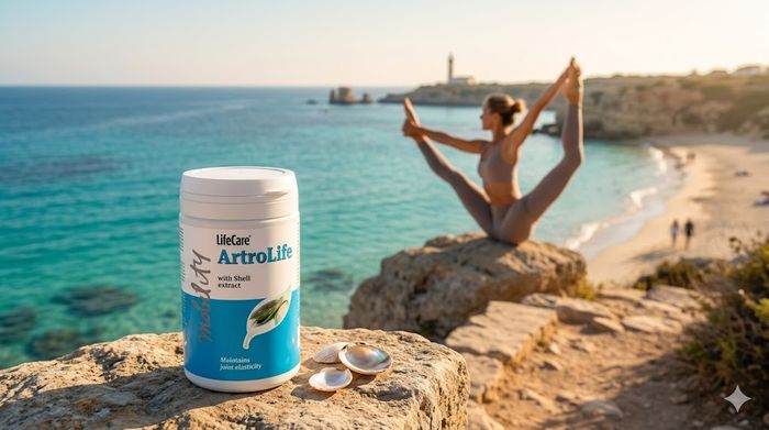 Supliment ArtroLife Life Care cu extract din scoică verde pe o stâncă lângă mare