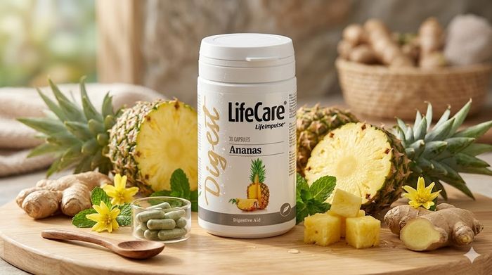 Supliment Life Care Digest Ananas pe blat din lemn cu ananas proaspăt și ghimbir