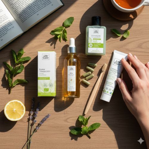 O masă din lemn, caldă și primitoare, este aranjată cu diverse produse Life Care, toate evocând naturaletea și starea de bine. Vedem sticluțe elegante cu seruri sau uleiuri, o pastă de dinți și o periuță de bambus, alături de recipiente cu suplimente, sugerând o rutină completă de îngrijire. Elementele naturale precum frunze proaspete de mentă, lavandă parfumată și o jumătate de lămâie sunt dispuse artistic, accentuând caracterul bio al produselor. O ceașcă de ceai fierbinte și o carte deschisă completează scena, invitând la relaxare și la un moment de răsfăț personal, perfect integrat în rutina de sănătate.