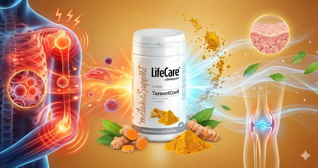 Beneficiile Turmericool LifeCare: curcumina reduce inflamatia cronica si sustine sanatatea articulatiilor.