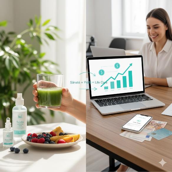 Imaginea surprinde perfect dualitatea și beneficiile oferite de Life Care: pe de o parte, o mână care ține un pahar de suc verde, înconjurată de fructe proaspete și produse cosmetice bio, simbolizând sănătatea, vitalitatea și alegerea conștientă pentru un stil de viață natural. Pe de altă parte, o tânără zâmbitoare lucrează la un laptop, pe ecranul căruia se vede un grafic de creștere financiară, iar lângă ea sunt un telefon cu aplicația Life Care și bancnote euro, reprezentând oportunitatea de afacere, flexibilitatea și profitabilitatea. Săgeata