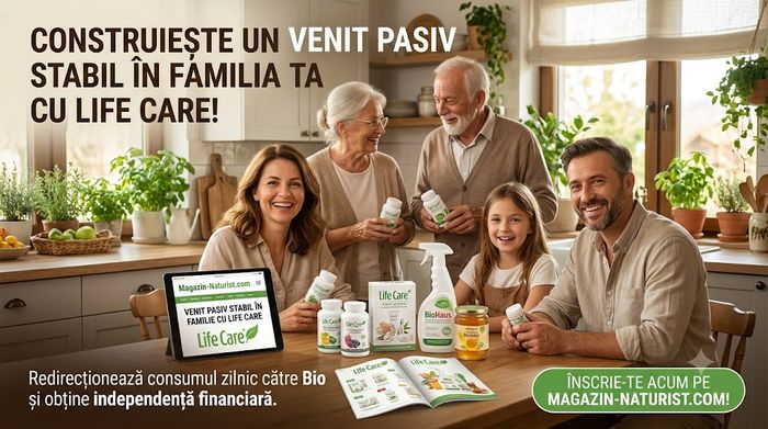 Familie fericită în bucătărie promovând afacerea de venit pasiv și produse bio Life Care