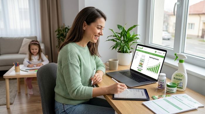 Femeie care lucrează de acasă la laptop promovând produse bio Life Care pentru venit suplimentar